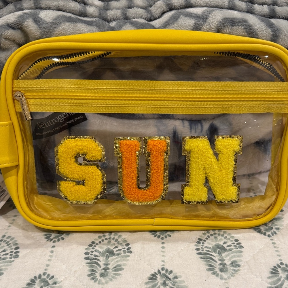 Vibrant Yellow Transparent Pouch with 'SUN' Embroidery